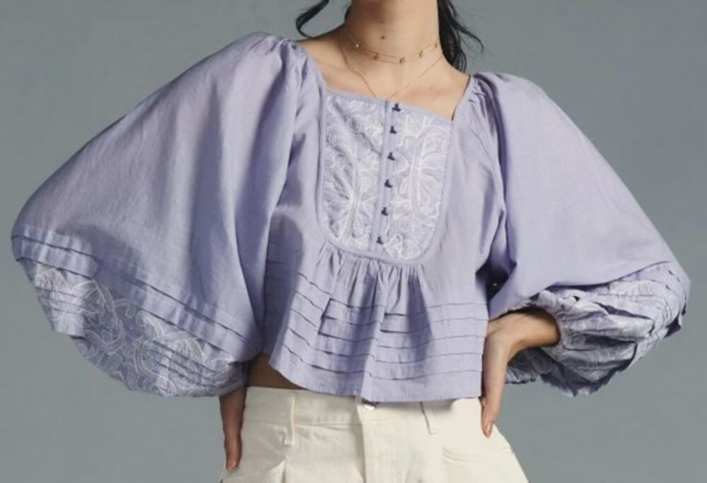 By anthropologie Lace Lavender Babydoll Puff Sleeves Tie Back Boho Blouse L